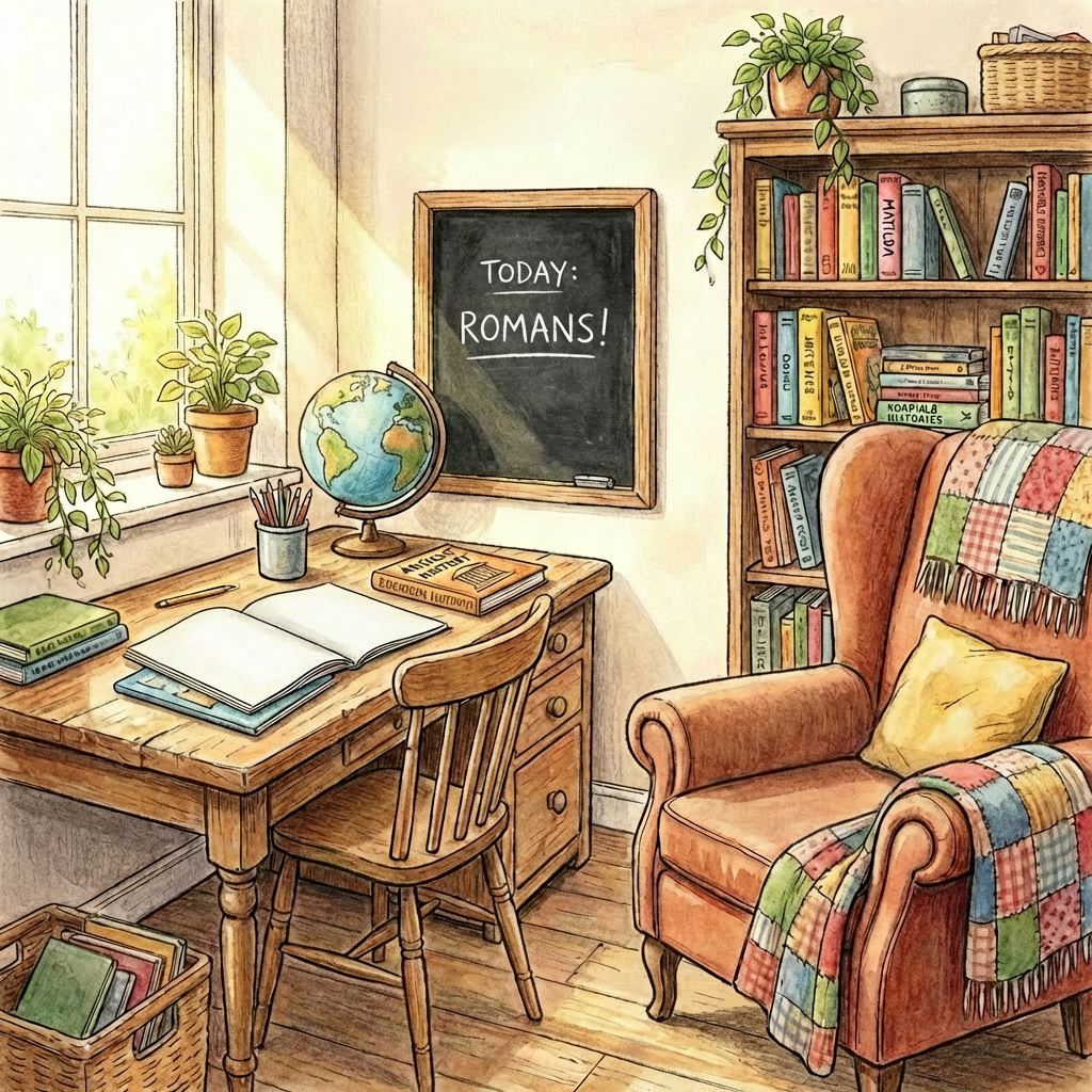 Cozy illustrated study room with a chalkboard reading 'TODAY: ROMANS!' and a cat in an armchair.