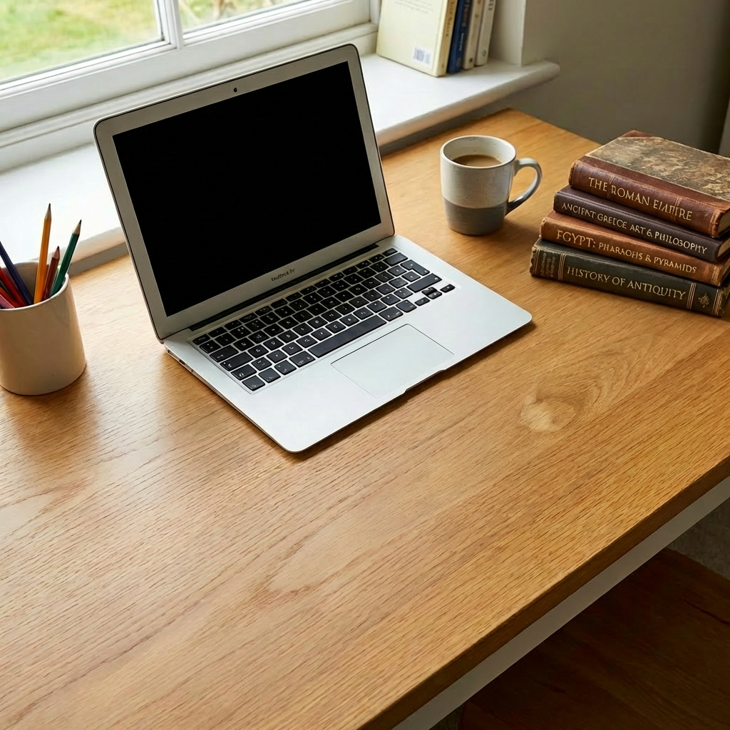 Silver laptop on a desk with alphabet flashcards, history books, and coffee.
