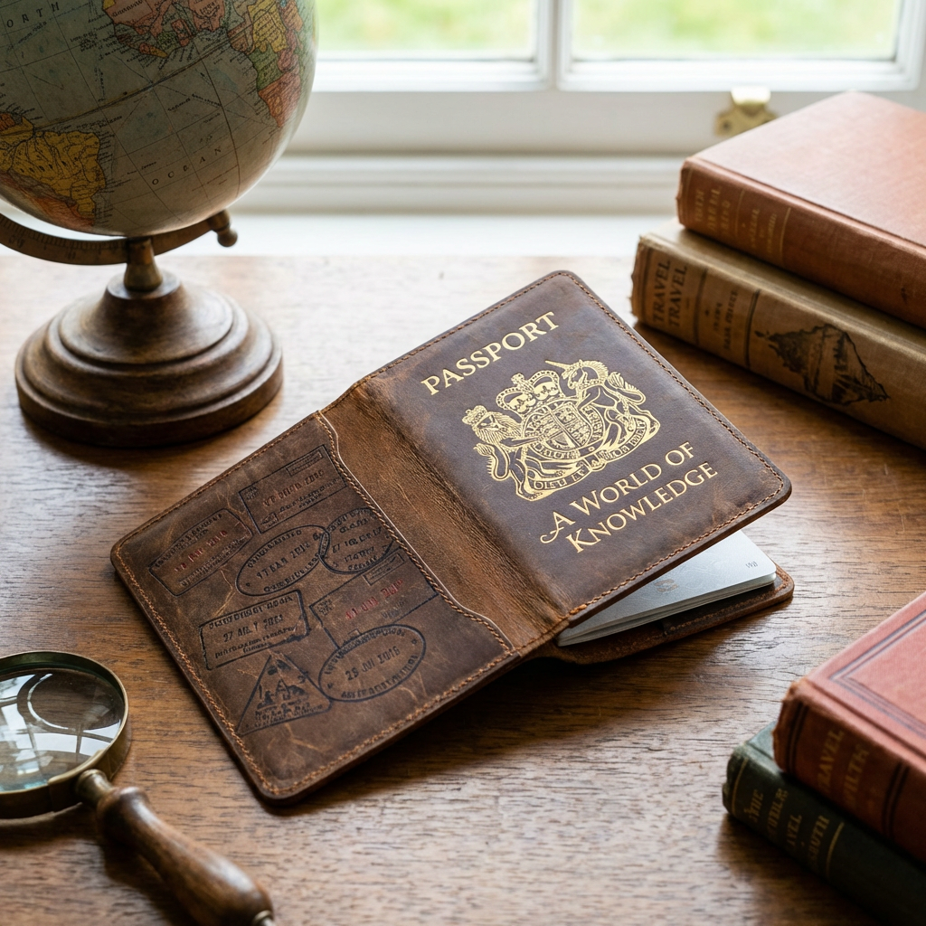 Leather passport cover with gold lettering "PASSPORT A WORLD OF KNOWLEDGE" surrounded by vintage travel items.