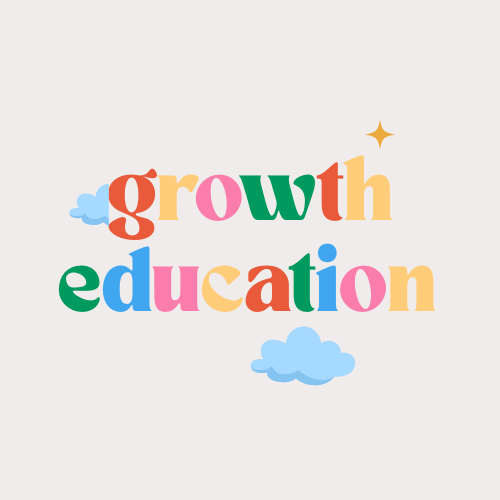 The image features a vibrant, stylized text that reads "growth education" in a playful, multicolored font, set against a l...